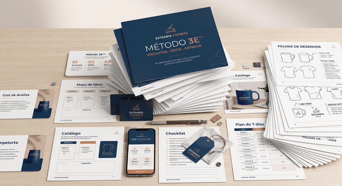 Kit de trabajo Estampa Express: caja premium, workbook, tarjetas Encontrá, Editá y Entregá, checklist, catálogo, calculadora, hoja de costos, taza y camiseta personalizadas