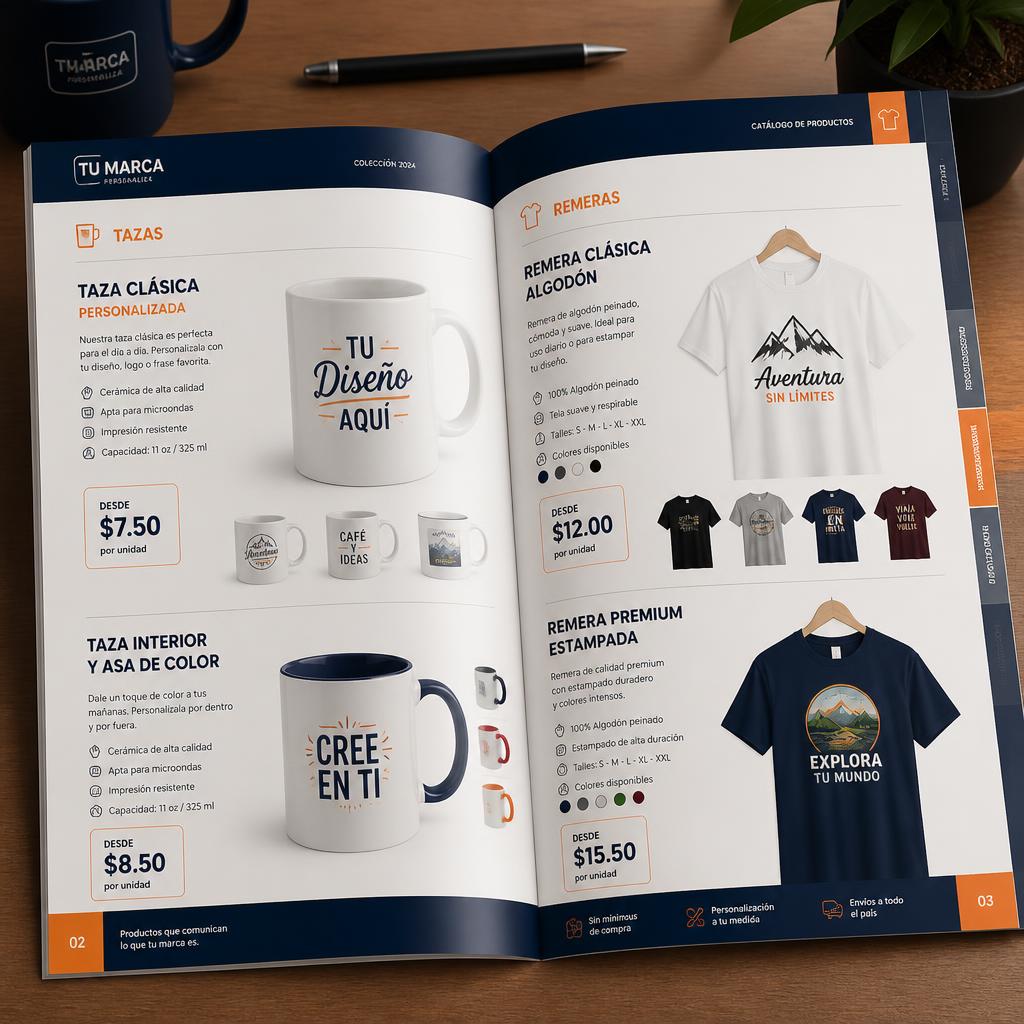 Catálogo físico abierto con fichas de productos, categorías, precios, fotografías y descripciones
