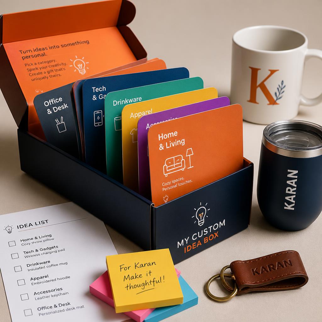 Caja con tarjetas físicas de ideas por categorías, lista de ideas, post-its y productos personalizados