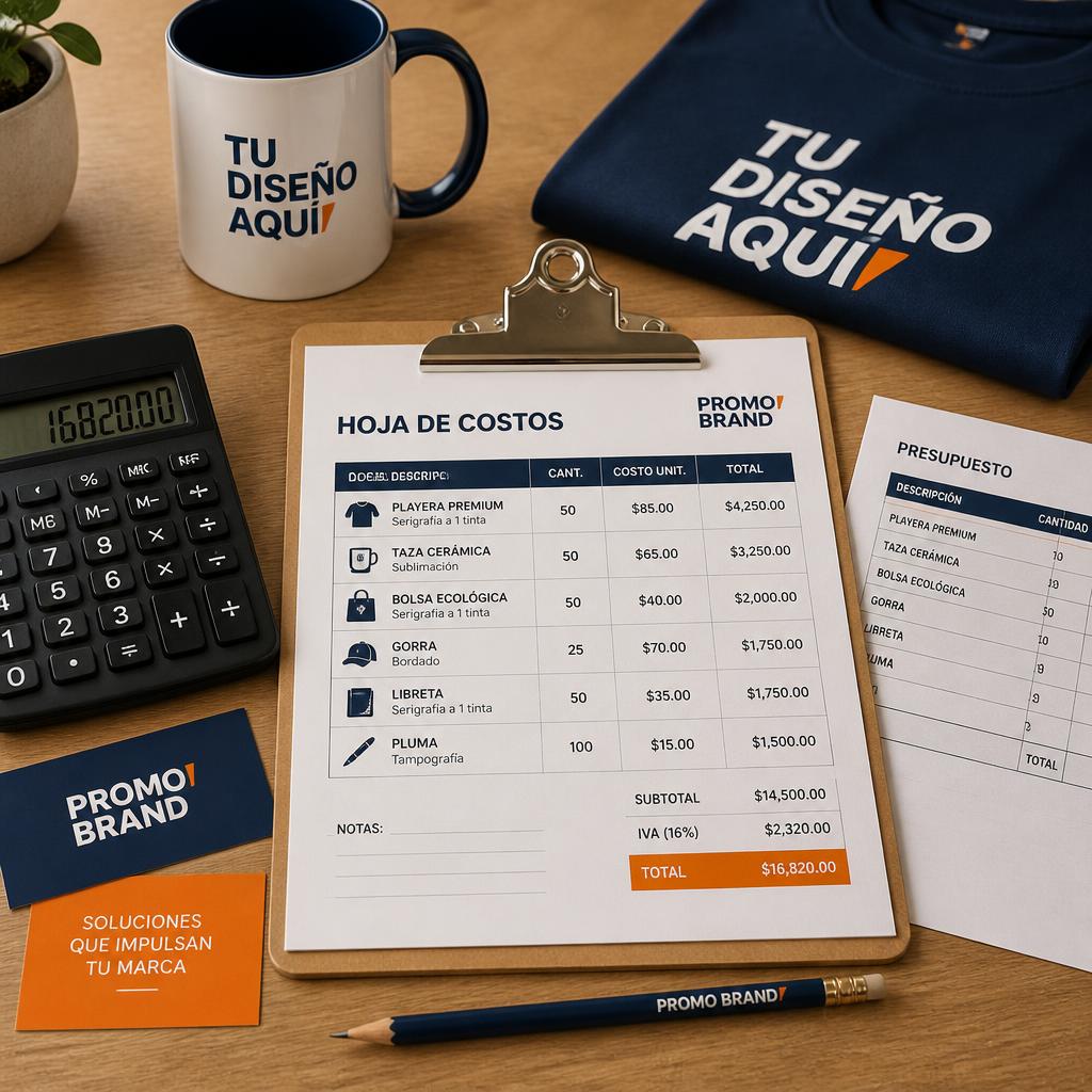Calculadora, clipboard con hoja de costos, fichas y productos personalizados alrededor