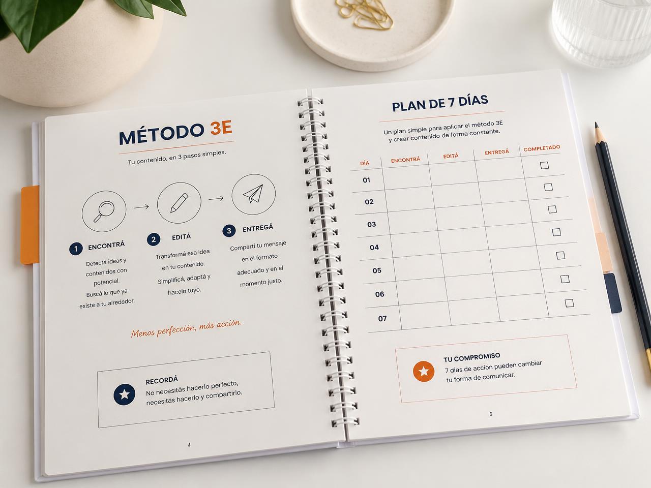 Guía práctica Estampa Express: workbook físico abierto mostrando el Método 3E y el plan de 7 días
