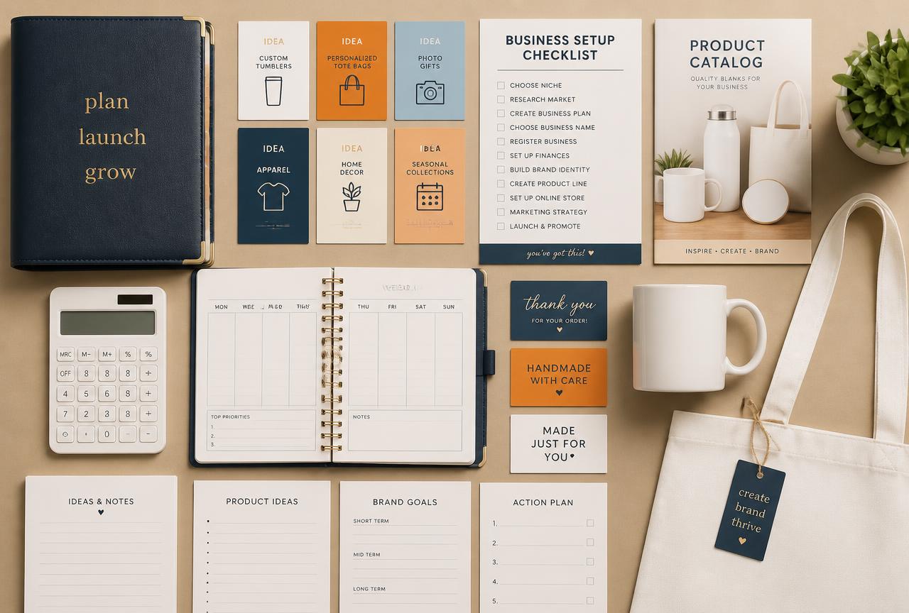 Mesa de trabajo con fichario, tarjetas de ideas, checklist, catálogo, calculadora, planner, etiquetas y productos para sublimación